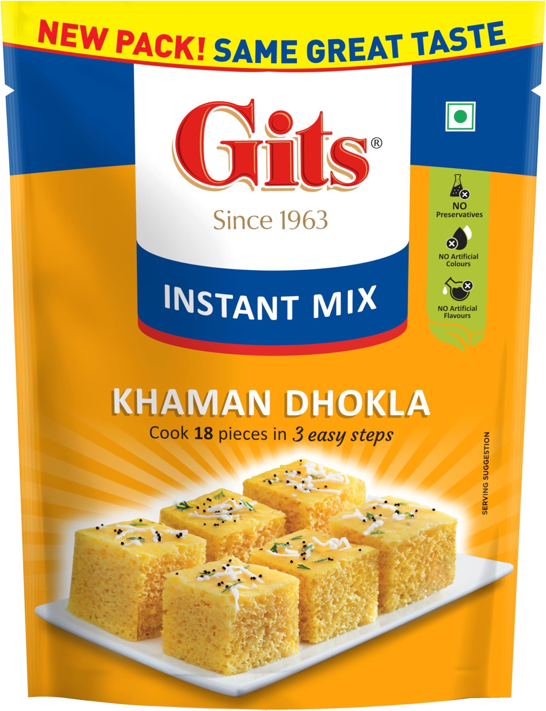 - Gits Instant Khaman Dhokla Snack Mix, Makes 18 Per Pack, Pure Veg, Indian Snack Mix, 180g