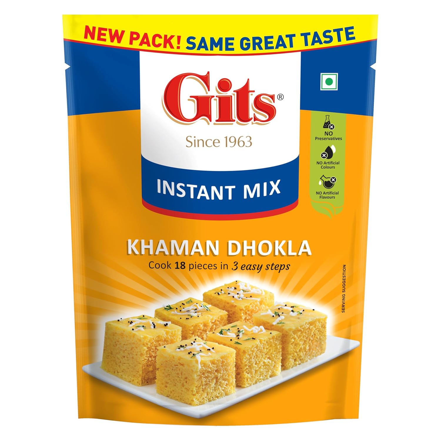 Gits Instant Khaman Dhokla Snack Mix, Makes 18 Per Pack, Pure Veg, Indian Snack Mix, 180g