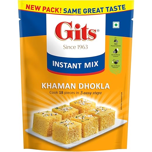 Gits Instant Khaman Dhokla Snack Mix, Makes 18 Per Pack, Pure Veg, Indian Snack Mix, 180g