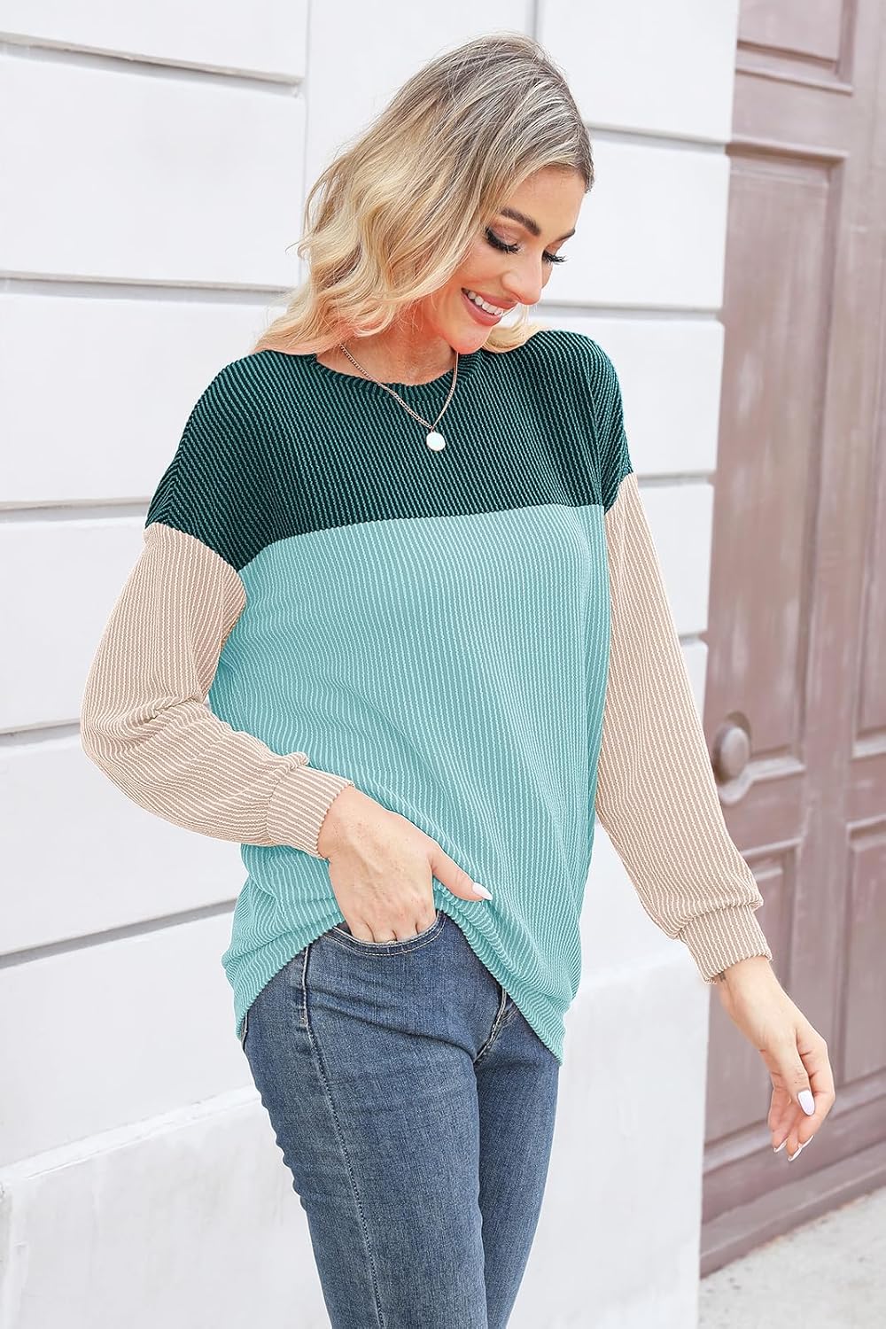 AXOSY Women Long Sleeve Shirts Oversized Crewneck Tunic Colorblock Sweatshirt Loose Fashion Pullover Top - Image 4