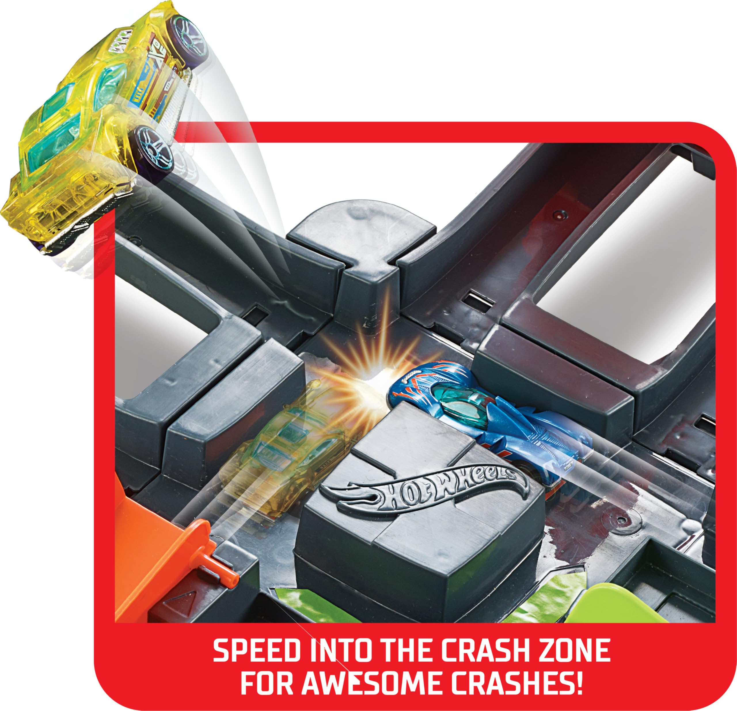 Hot Wheels GFH87 Super Mega Crash duża tora wyścigowa z 8 zakrętami w rozmiarze XXL 1,5 m szerokości zestaw do gry z przyspieszeniem, zabawka dla dzieci od 5 lat, zastrzeżone różnice w opakowaniu