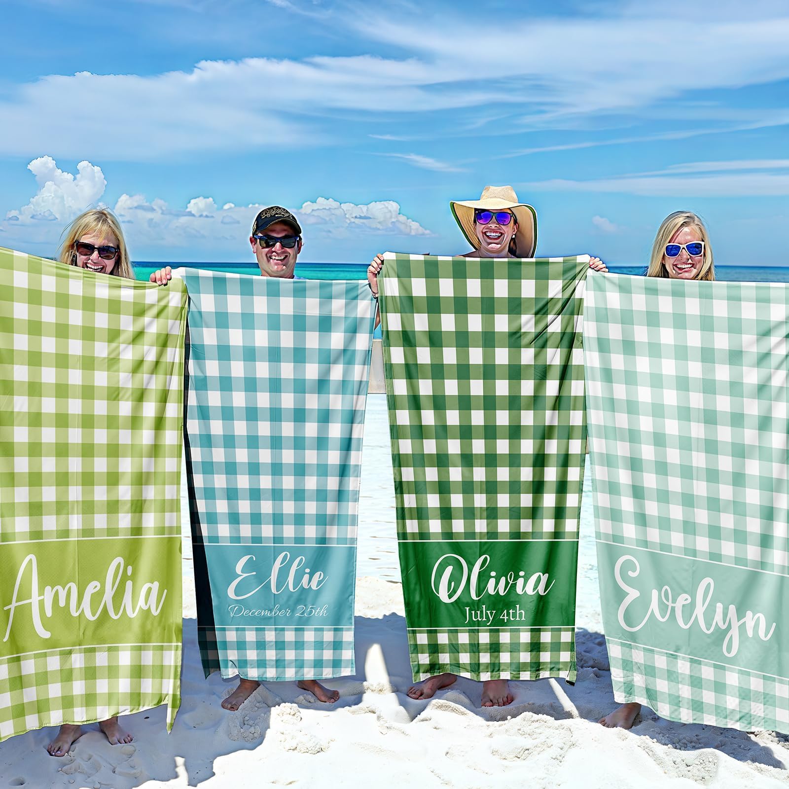 Loosusu Personalised Beach Towels for Kids Adults - Custom Beach Towels Monogram & Name- Customised Sand Free Quick Dry Striped Bath/Pool/Beach Towel for Boys Girls Women Men(Checkered)