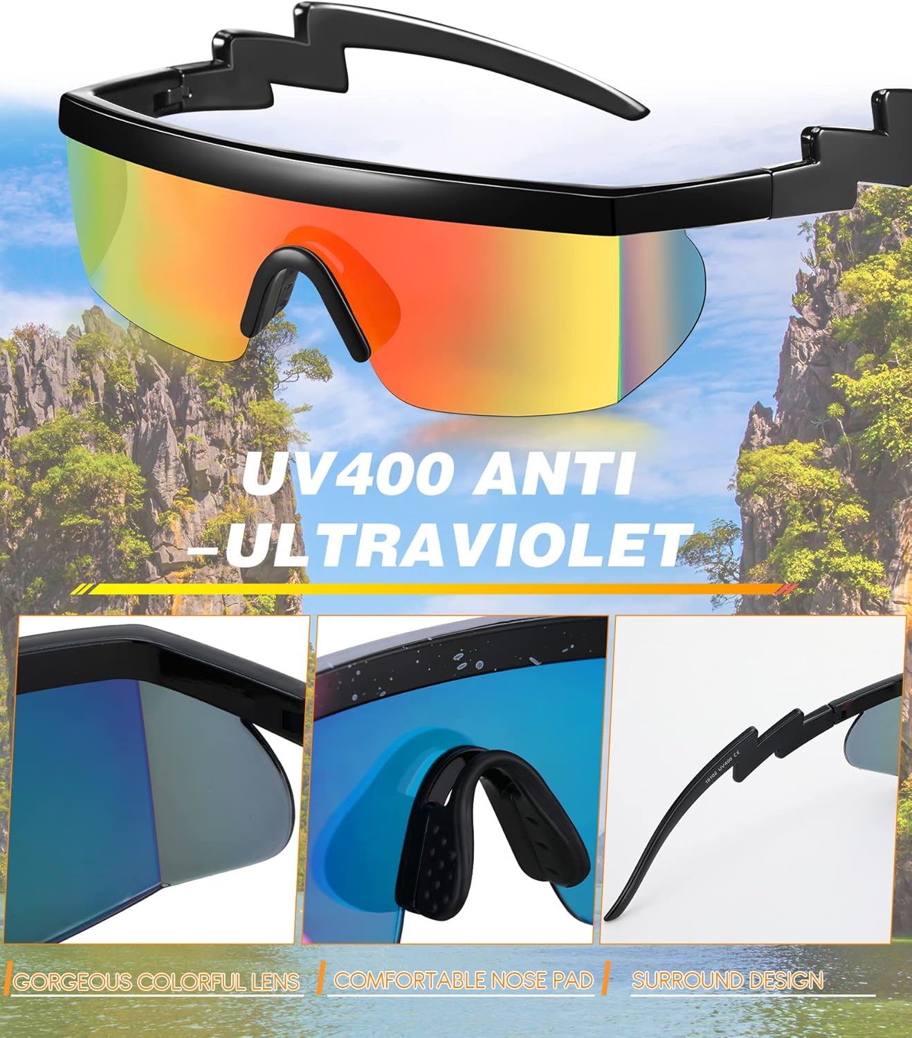 Fabbay 12 Pairs 90s Sunglasses Neon Semi Rimless Rainbow 80s Zigzag Sunglasses Goggle Style Retro Rave Shades Glasses for Men Women Halloween Cosplay - Image 3