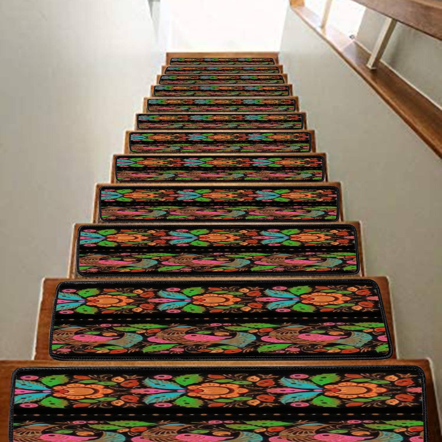 Folk gorodets Traditional Painting Seamless with Flowers and Birds Stair Treads Carpet Non-Slip Exquisite Pattern Stair mats Stair Rug for Step Indoor for Kids Elders and Pets 8pcs