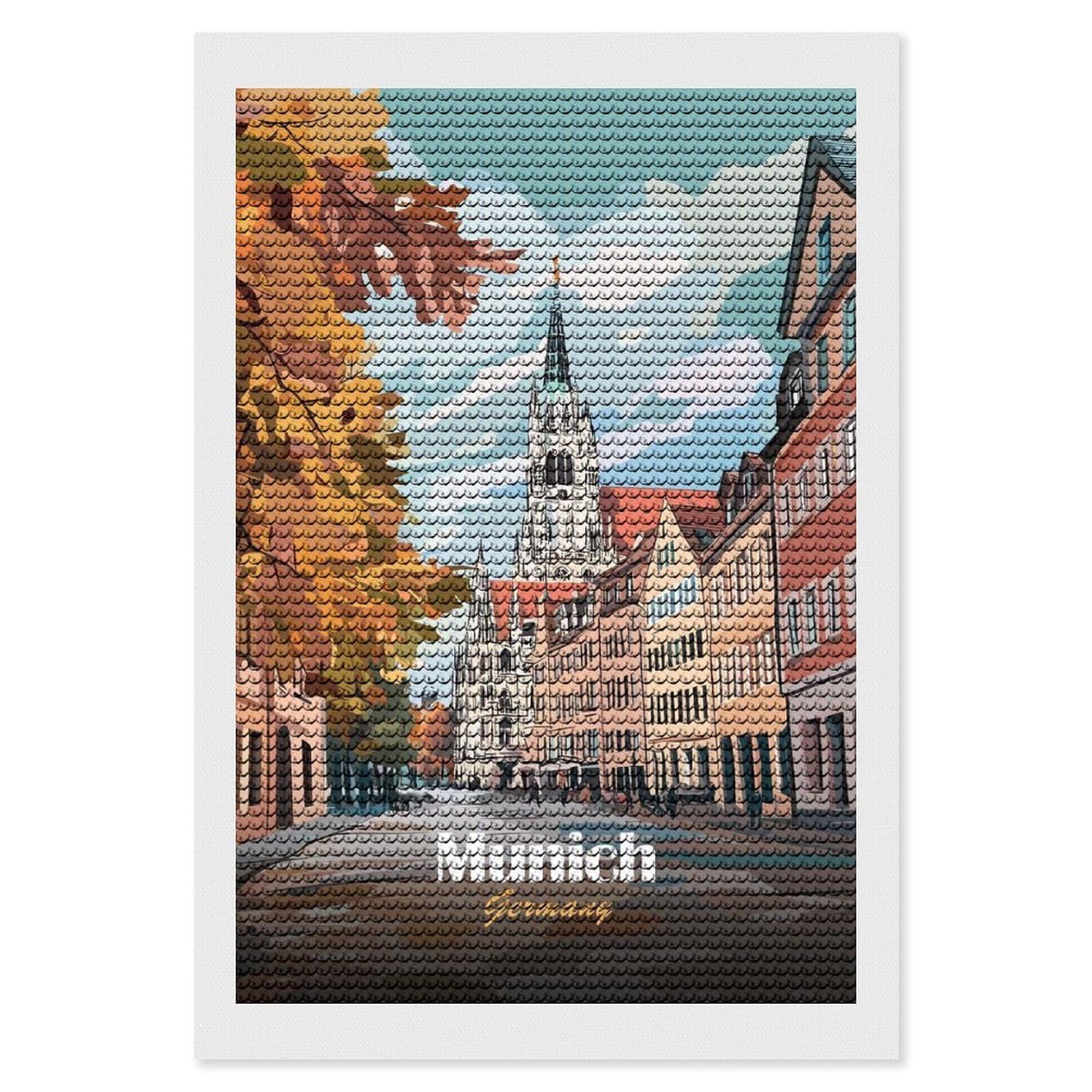 Junmoney Munich Cityscape Illustration Diamond Painting Canvas Set 8"x12", for Adults, Bedroom Decor, Good for Quiet Evenings, Festive Craft Gift