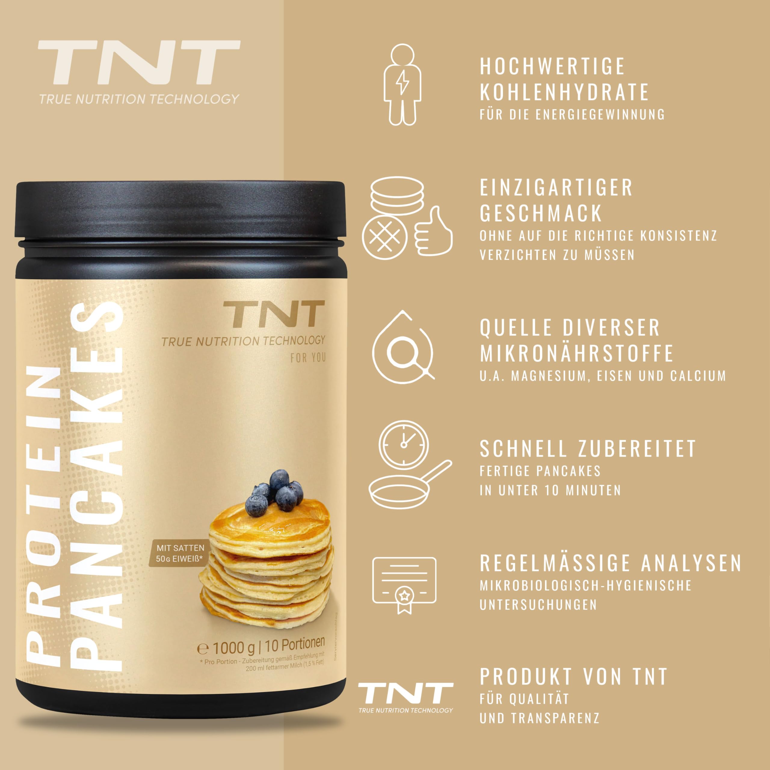 TNT Protein Pancakes (1kg) • Pulver für High Protein Pancakes • 43g Protein je 100g • Diät Fitness–Dessert & Sport–Frühstück zum Abnehmen • Pfannkuchen Teig für Fitness Snack