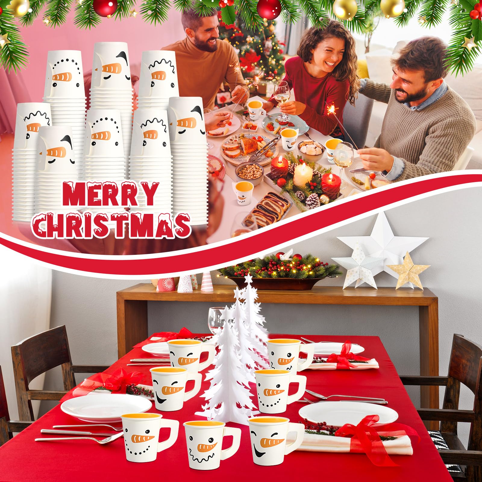 Maxcheck 120 tazze natalizie con manici, 200 ml, usa e getta, di carta natalizia, con pupazzo di neve, per bevande e tè, per l'inverno, caffè, cioccolata, feste (pupazzo di neve)