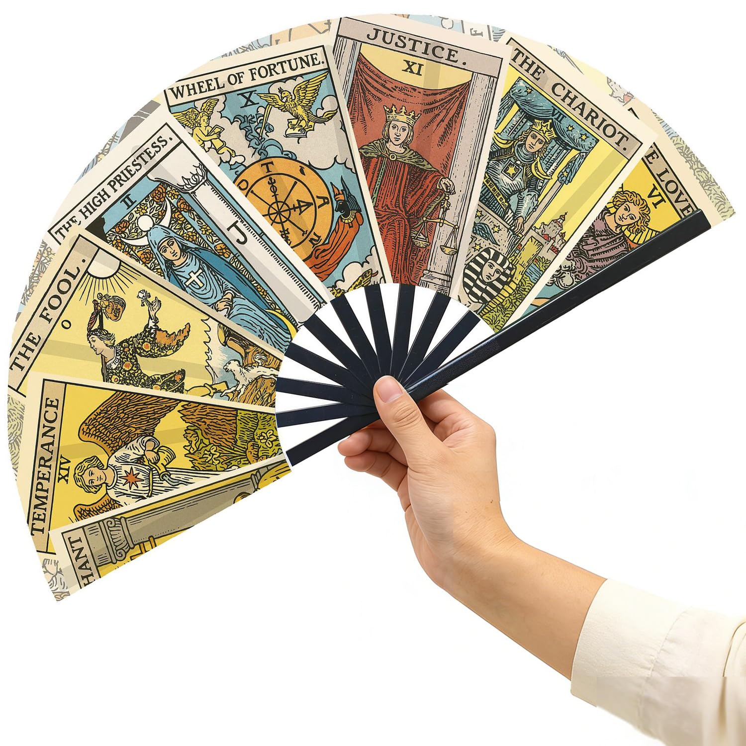 Éventail de tarot, éventail mystique avec motifs de cartes de tarot, pour festival, marché médiéval, cosplay et costume de fête, cadeau pour les amateurs de divination