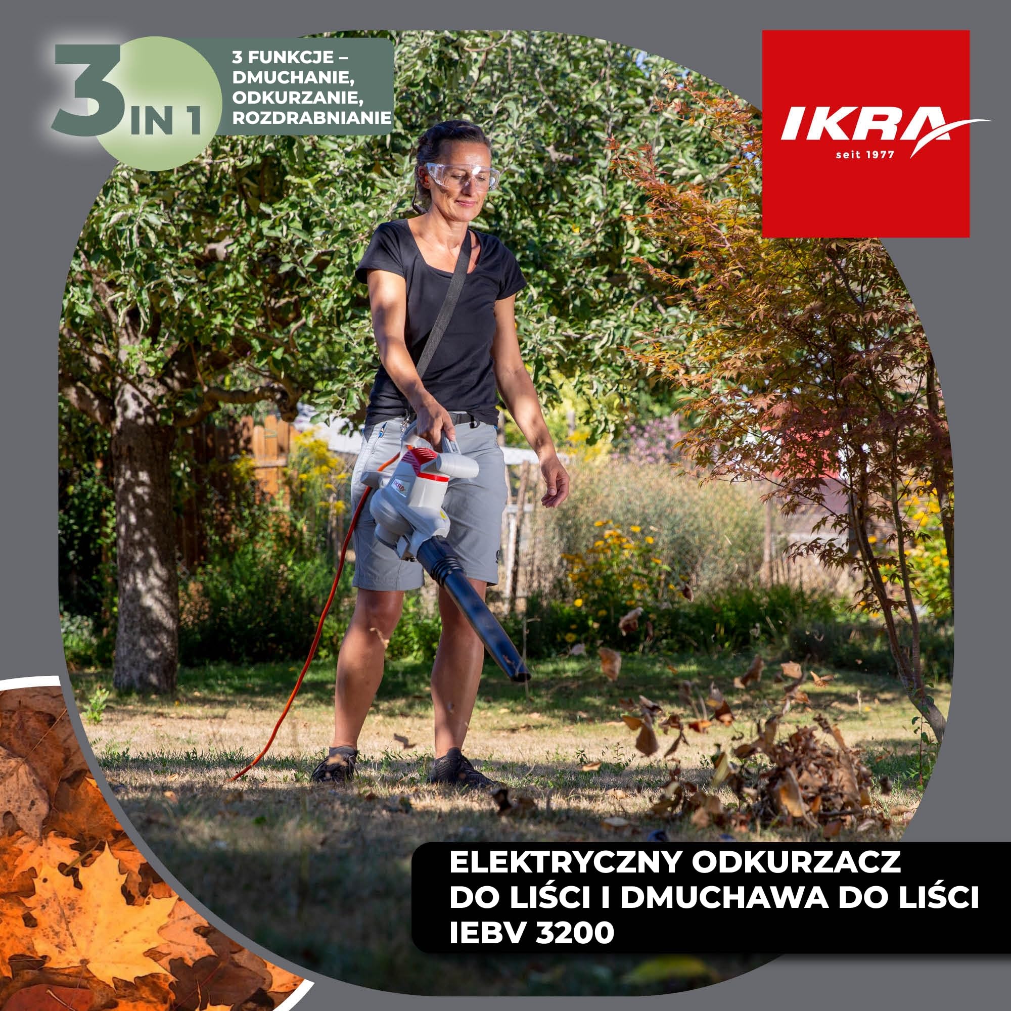 IKRA Odkurzacz i dmuchawa do liści elektryczna IEBV 3200 3w1, 3200 W | W zestawie: przedłużka do czyszczenia rynien, worek 40 l, pas naramienny, regulacja prędkości, miękka rękojeść, 300 km/h
