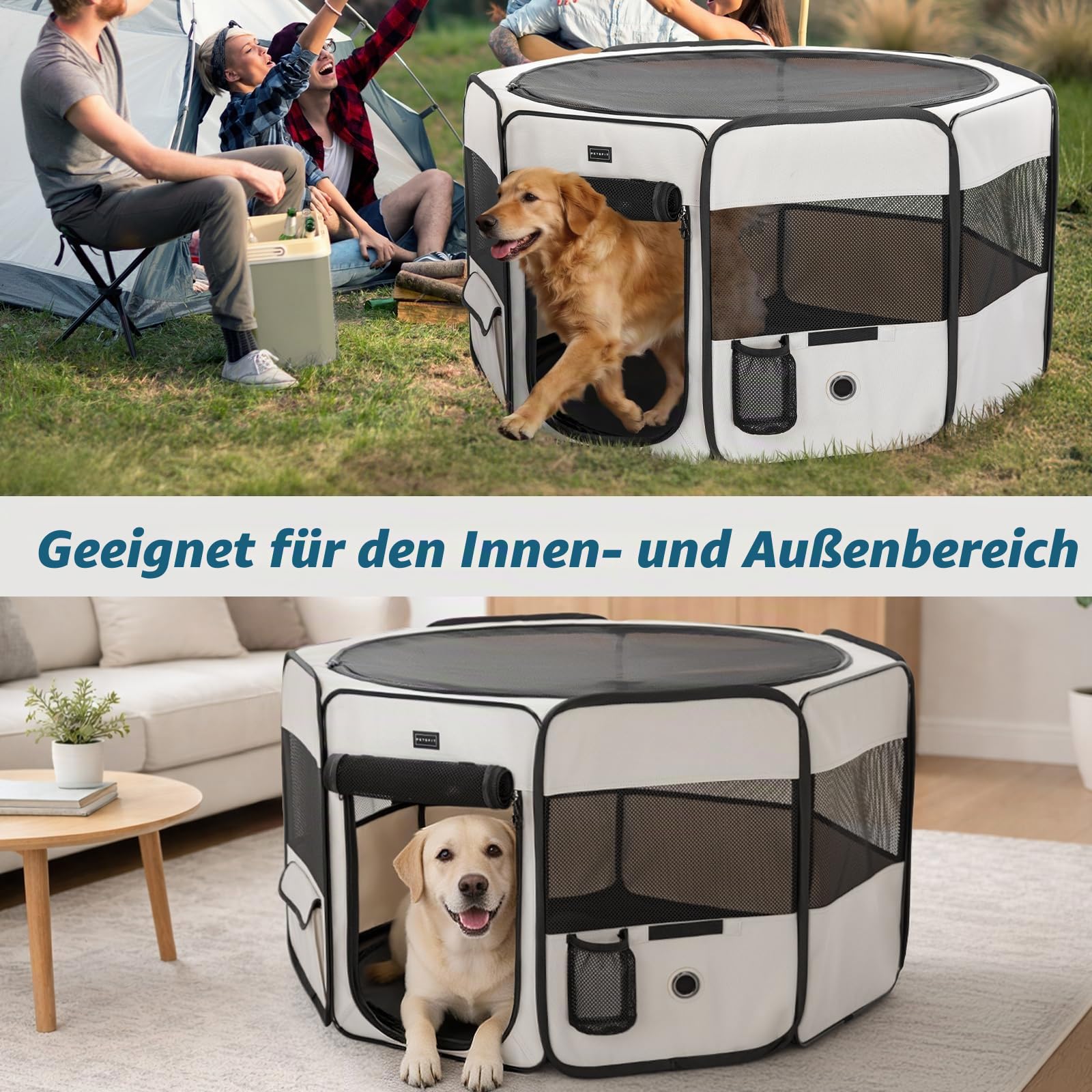 PETSFIT Hundegehege für den Innenbereich, Anti-Auslauf-Unterseite, faltbar, zusammenklappbar, Welpenlaufstall, kaufestes Design, Hunde-Laufstall innen, 116 × 106 × 72 cm, Beige