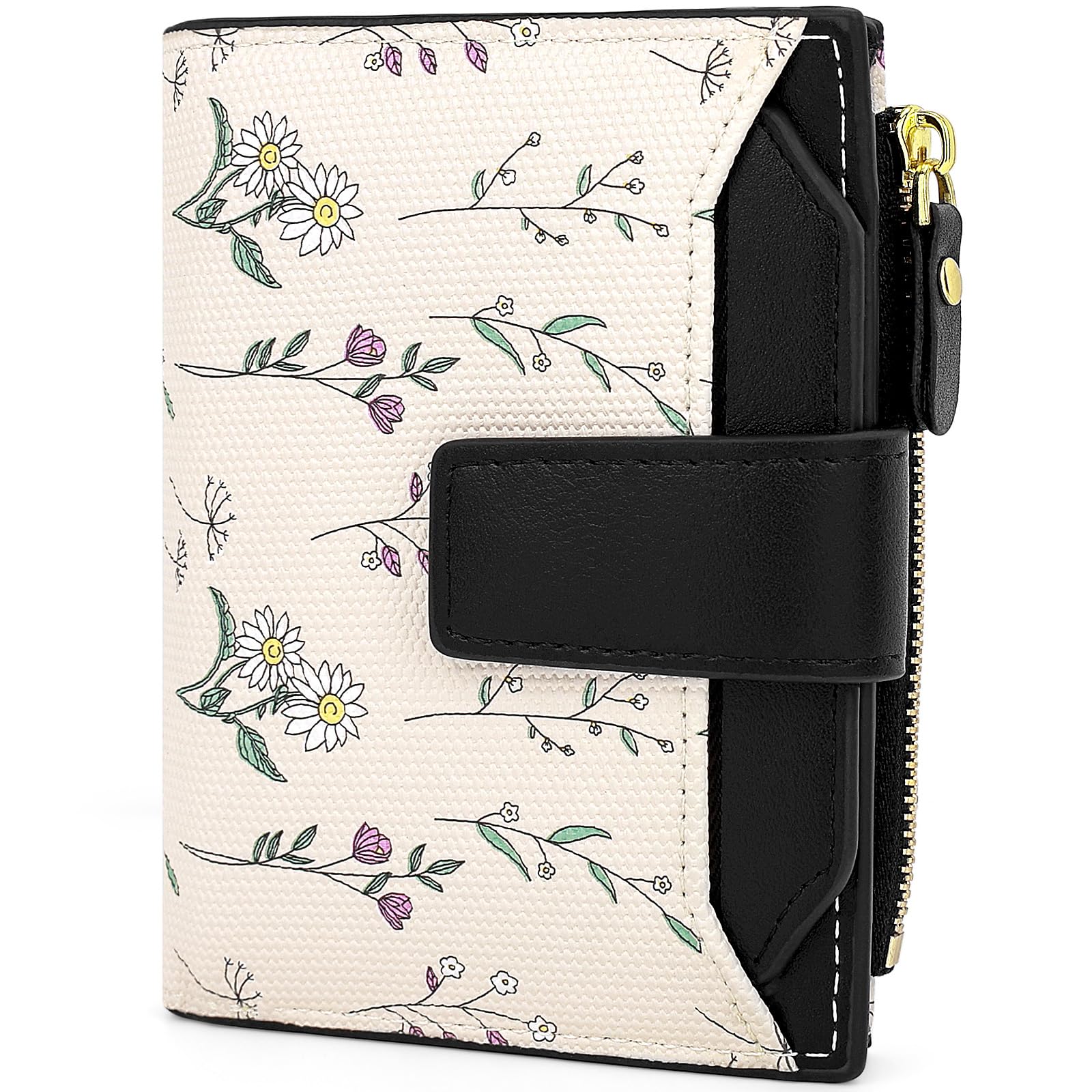 Busnos Geldbörse Damen Geldbeutel Klein Portemonnaie Damen Mini Portmonee for Women Geldbörsen Blüten in Schwarz mit Münzfach und Kartenfächern | Geldbörse aus PU Leder