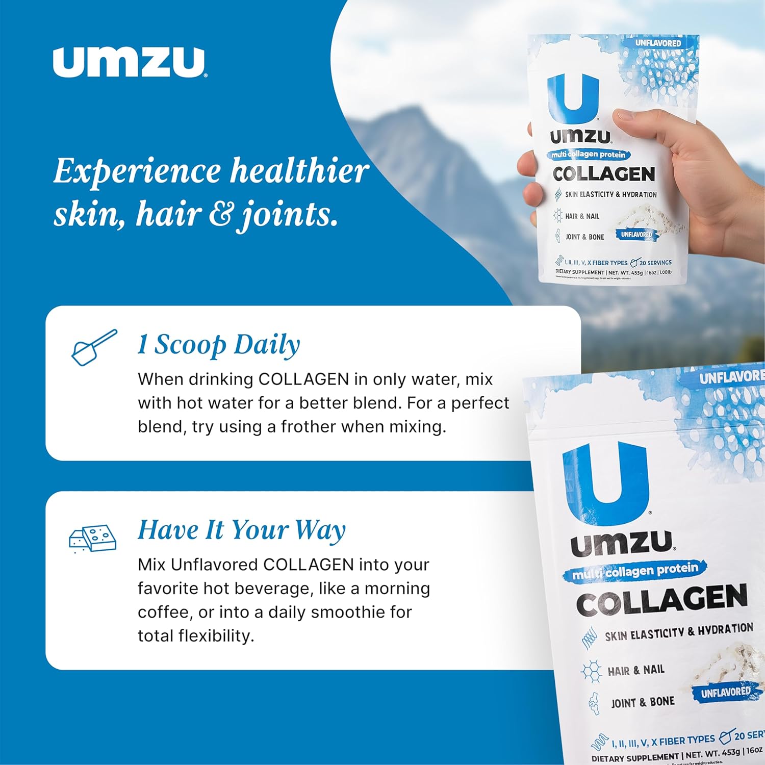 UMZU zuCollagen Multi Collagen Protein Powder, Unflavored – 5 Collagen Types I II III V X – High Protein Low Calorie Supplement for Hair Growth Skin Elasticity Joint Health and Daily Recovery Support