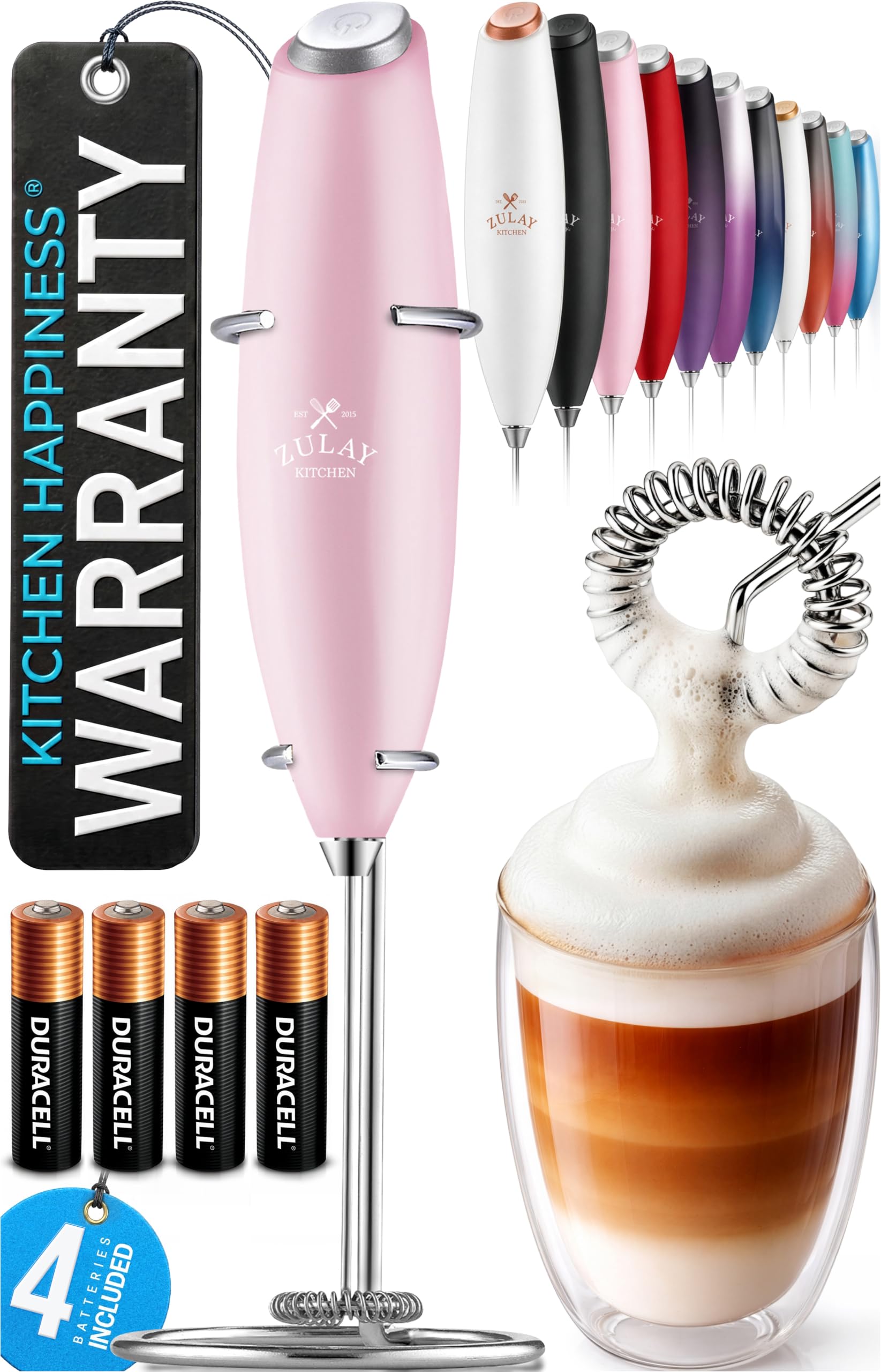 Zulay Kitchen Powerful Milk Frother Wand With Duracell Batteries - Ultra Fast Handheld Drink Mixer - Electric Whisk Foam Maker for Coffee, Lattes, Cappuccino &amp; Matcha - Z1 Motor - Cotton Candy