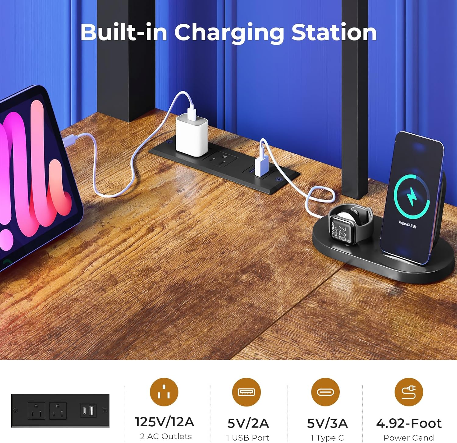 Twin Loft Bed with L-Shaped Desk, LED Lights, Charging Station, Metal Loft Bed Frame with 5 Storage Drawers, Hall Tree, Twin Size Bed for Kids with Ladder and Safety Guard, No Box Spring Needed, Black