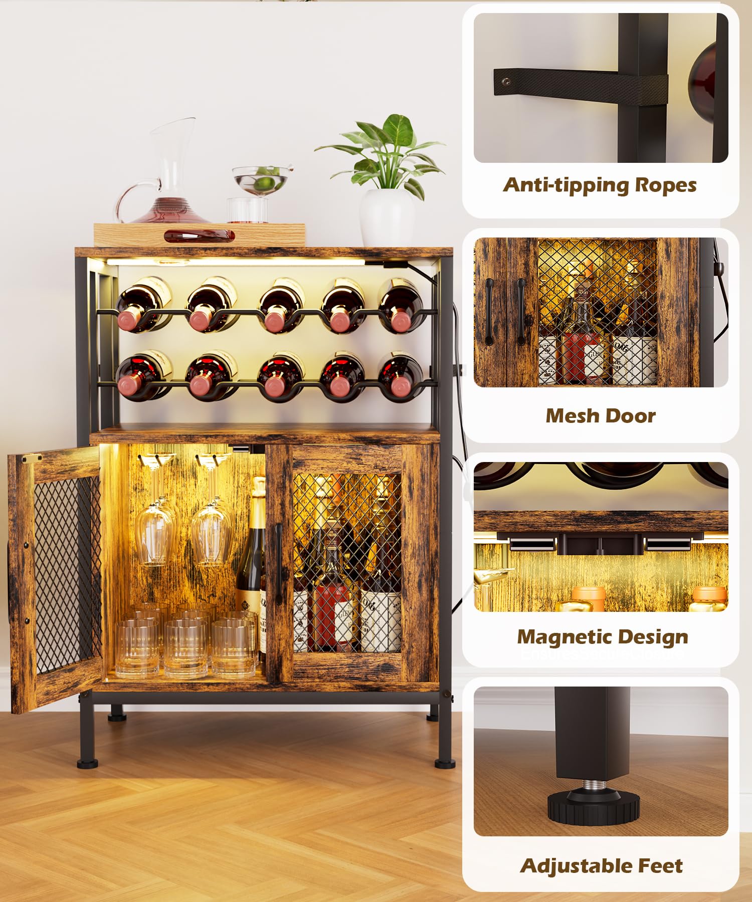 Yorbay Mobili Portabottiglie con Luci LED: Mobile Bar Autoportante con Anta a Griglia per 10 Bottiglie e 6 Bicchieri - Scaffale per Vini in Stile Industriale per Cucina Soggiorno Sala da Pranzo