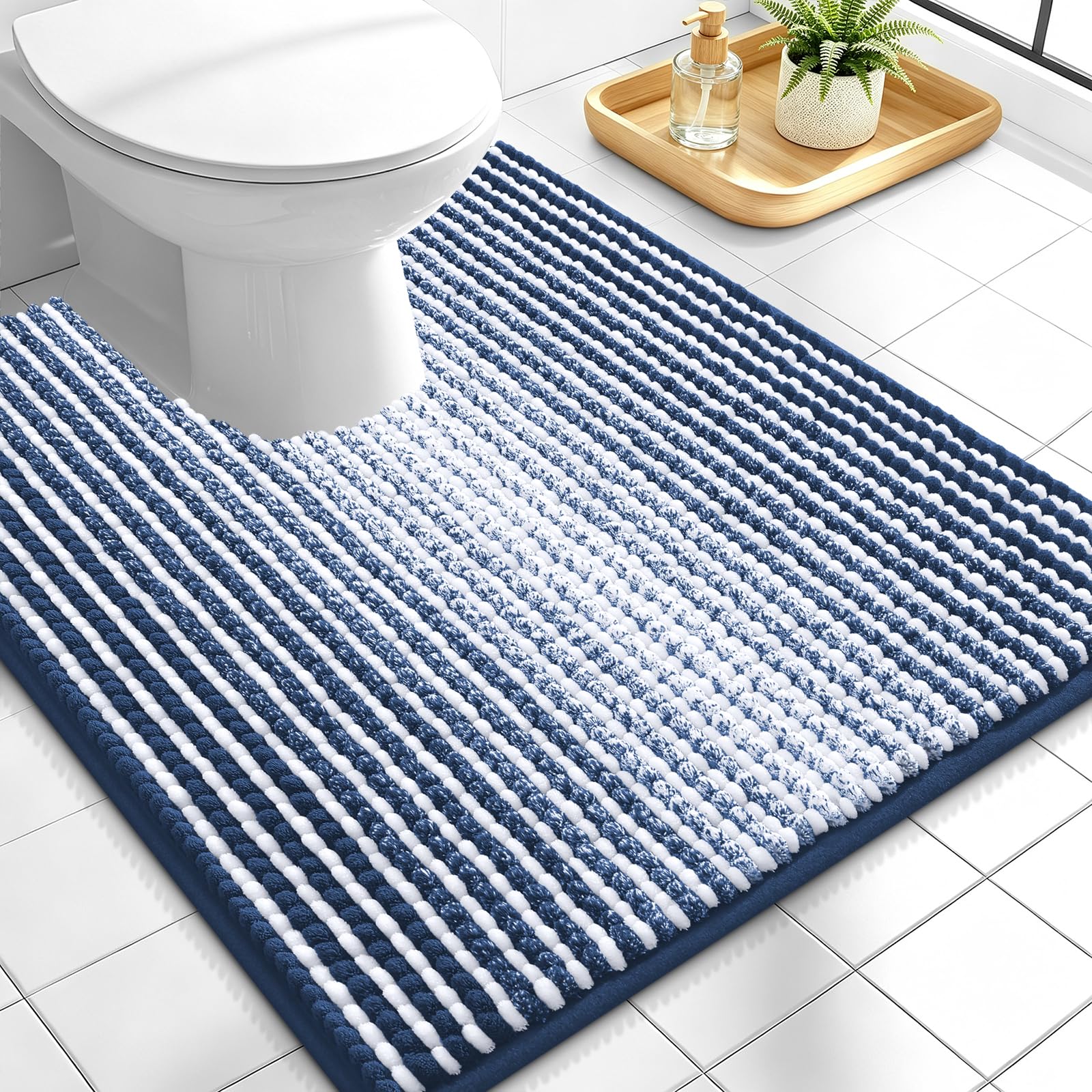 OLANLY Toilet Rugs U-Shaped 24x20, Soft Chenille Contour Bath Mat, Navy