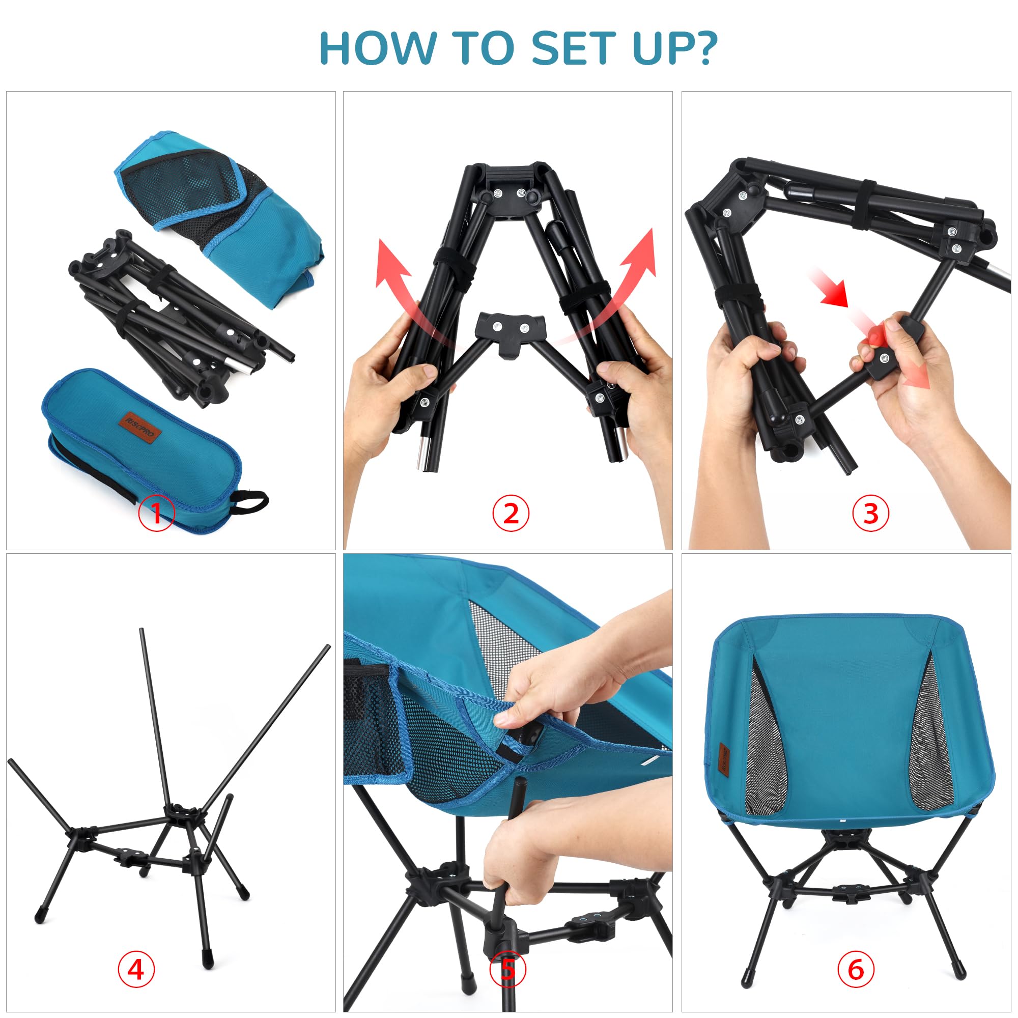 Chaise De Camping Pliable RISEPRO - Légère (1,22 Kg), Supporte 145 Kg - Structure Triangulaire, Poches Latérales