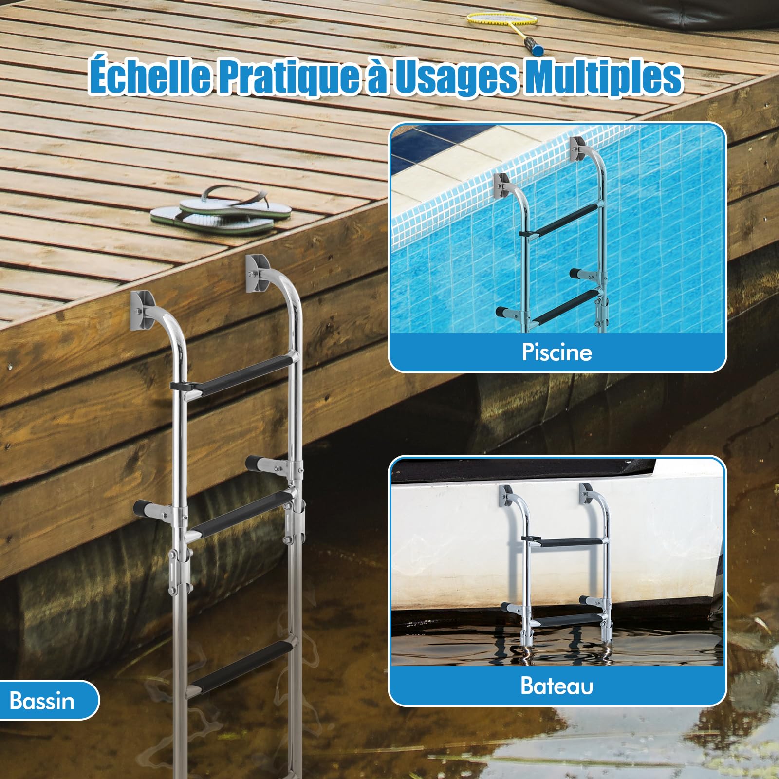 GOPLUS - Escalera de piscina de acero inoxidable 304, escalera de pontón plegable de 4 pasos antideslizante de PVC, adaptador de suelo, clips de plástico, para piscina, barcos, pontones (90 x 27,5 x
