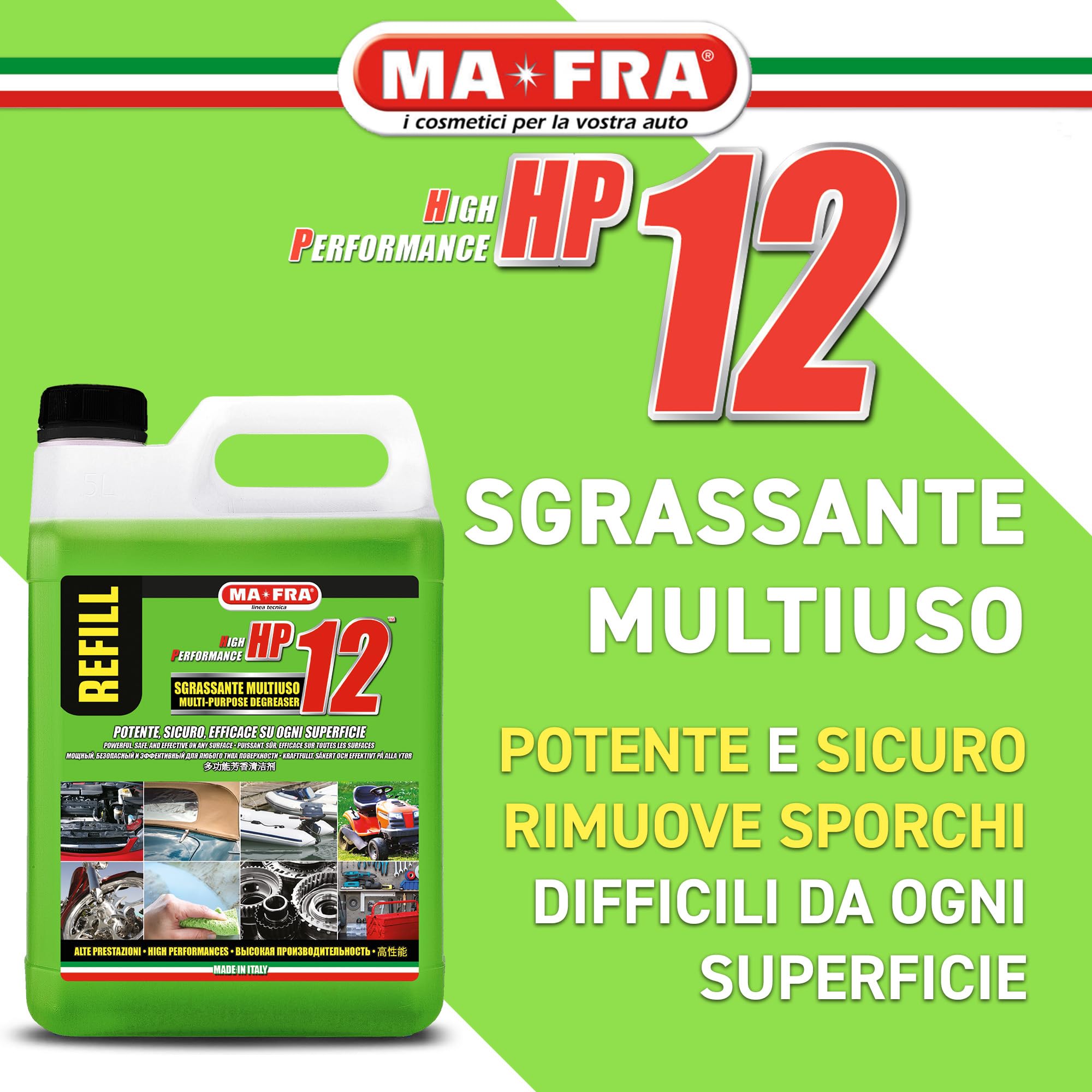 Ma-Fra, HP12, Sgrassatore Universale Multiuso con Formula Attiva, Adatto a Tutte le Superfici, Potente e Sicuro sulle Parti Trattate, Ideale per Pulizia Auto, Moto e Camper, Formato 4500ml, P0849