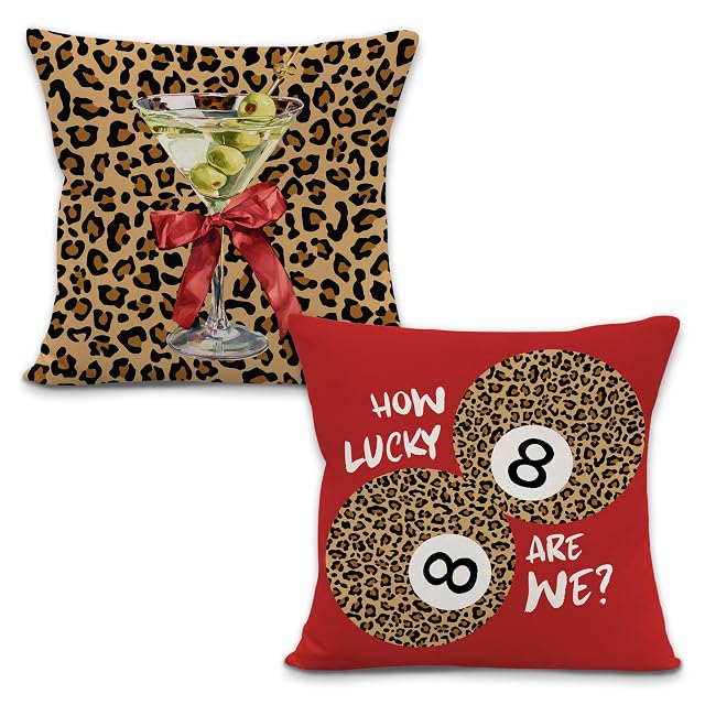 Yorhifa Trendy Leopard Martini Lucky 8 Ball Pillow Covers 18x18 Inches Set of 2 Leopard Decorative Pillowcase Cases