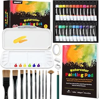 60pcs Watercolor Paint Set for Kids Adults Beginners, Professional Watercolor Paint Kit with Watercolor Paints, 10 Paint Brushes,Art Paper and More Watercolor Painting Supplies for Artists