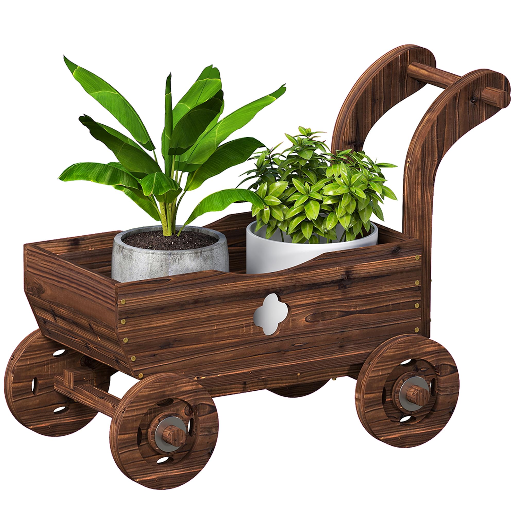 Outsunny Carretilla de Madera Decorativa, Jardinera Elevada con 4 Ruedas, Asa, Orificios de Drenaje, Macetero Exterior para Cultivos de Plantas, Flores en Terraza, Jardín, 68x38x52 cm, Carbonizado