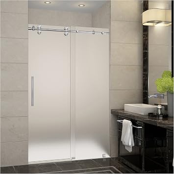Aston Langham 44" to 48" x 75" Completely Frameless Sliding Shower Door in Frosted Glass, Stainless Steel