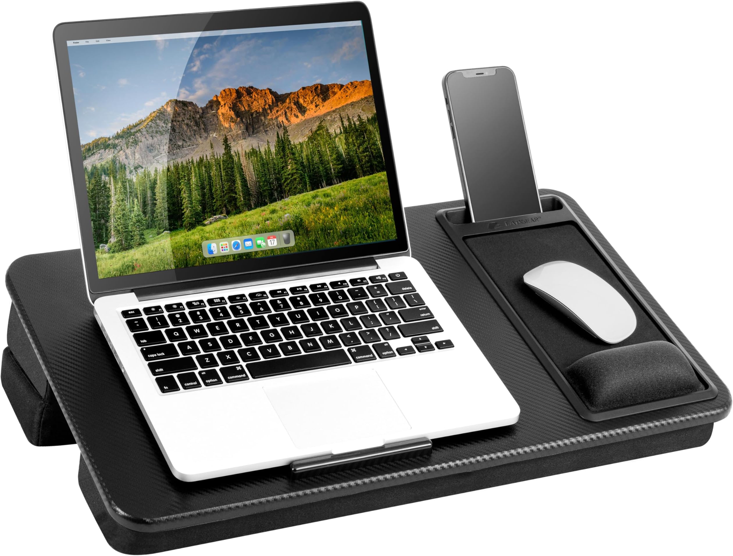 Extra Large Adjustable Lap Desk – Fits Laptops up to 17.3”, Adjustable Cushion, Memory Foam Wrist Rest, Mouse Pad, Device Ledge, & Phone Slot – Black Carbon - Style No. 88108