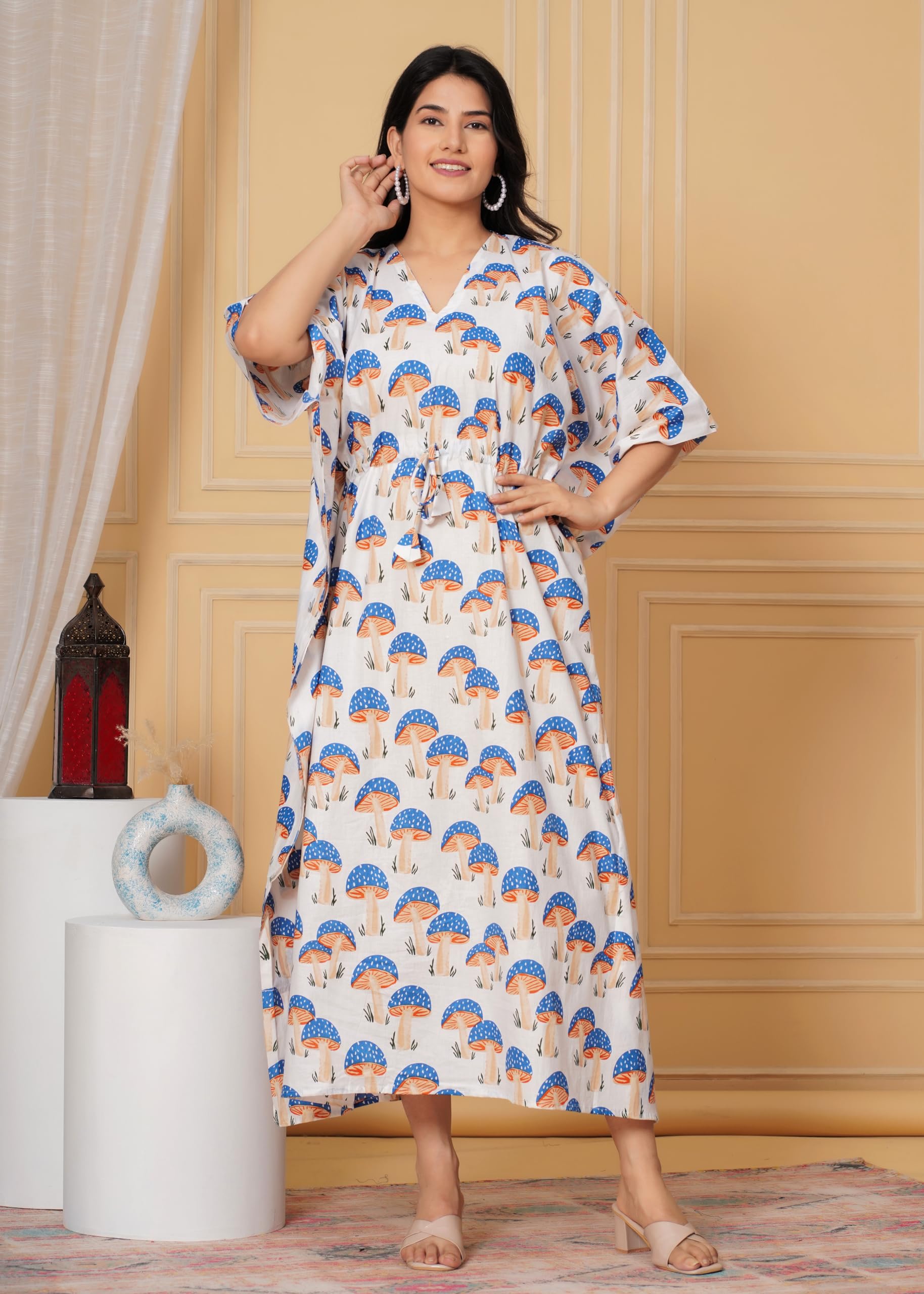 INDACORIFY Caftan imprimé d'été 100% coton robe de nuit robe de plage de vacances couvrir vêtements de détente pour femmes