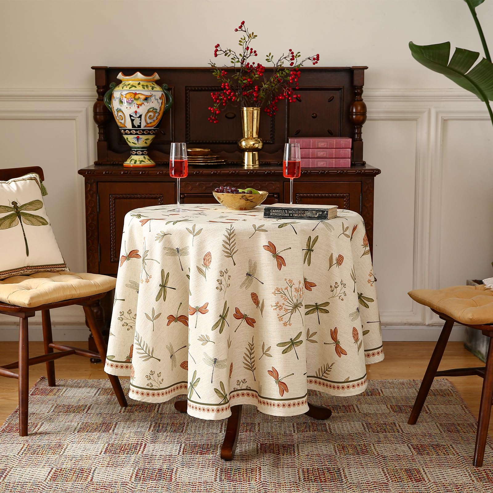 ISAENNE Designer Grayish Green Linen Small Round Tablecloth,Floral Stain Resistant