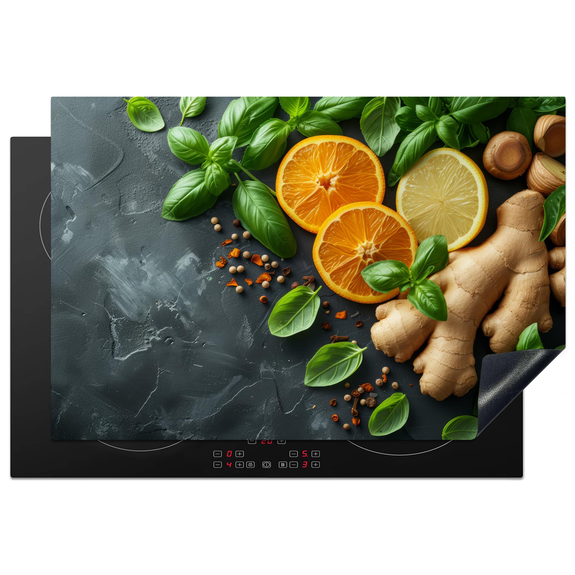 KitchenYeah© Herdabdeckplatte 76x51 cm Einteilig Induktionsmatte Küche Abdeckung Ceranfeld Herd Abdeckplatte Deko Vinyl Matte Aufrollbar Kräuter - Obst - Beton - Ingwer - Blätter