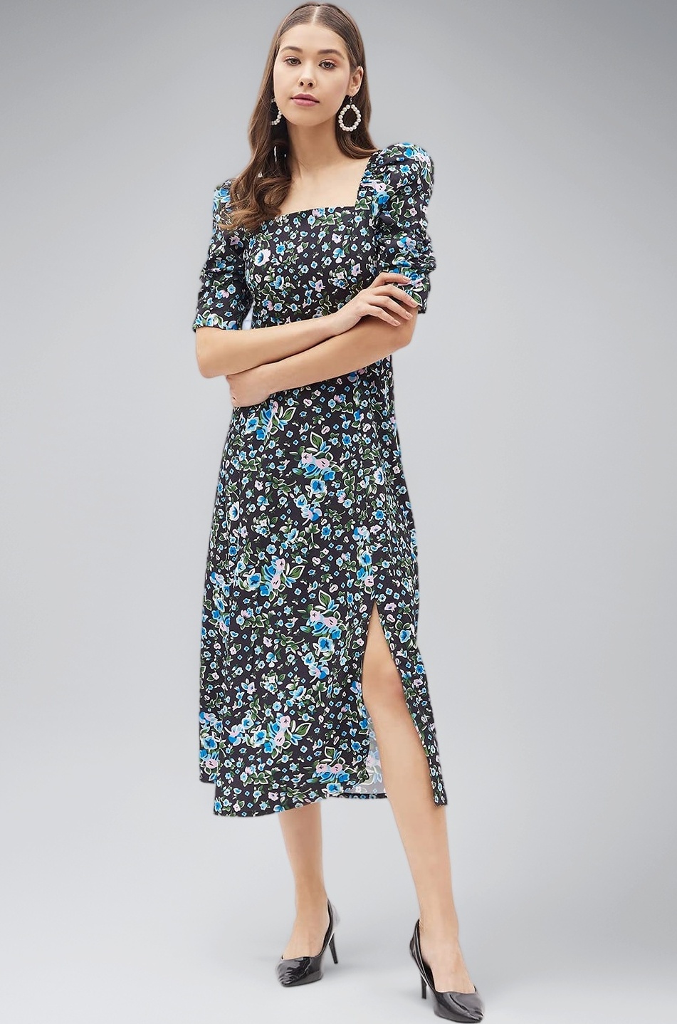 Harpa Women Crepe A-Line Midi Dress Black