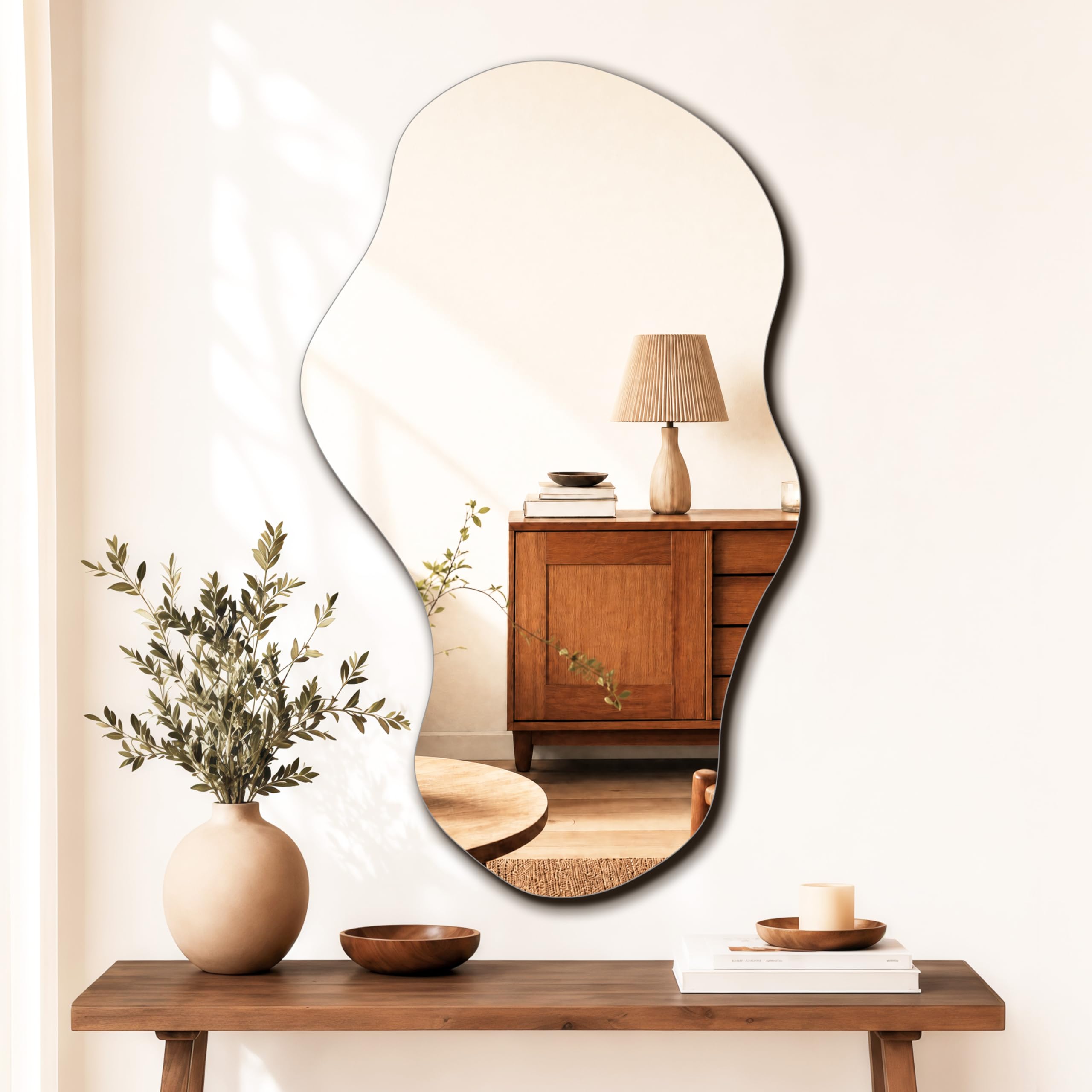PERFNIQUE Asymmetrischer Spiegel 109 x 61 cm, Unregelmäßiger Wandspiegel, Großes Modernes Dekorativ für Wohnzimmer, Badezimmer, Schlafzimmer, Eingangsbereich, Wolkenspiegel, Rahmenloser