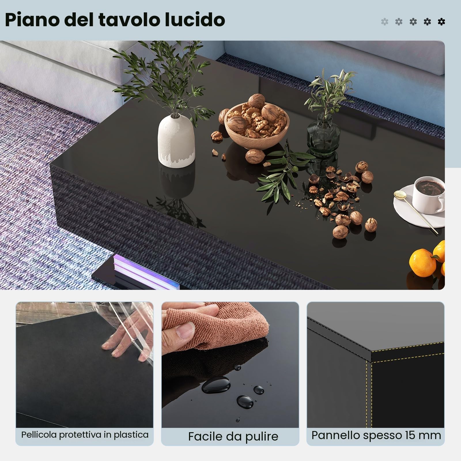LIFEZEAL Tavolo Basso con Illuminazione LED, Tavolo da Salotto Lucido con 20 Colori e Telecomando, Tavolo Basso Moderno con 2 Cassetti, 110x60x40 cm, per Soggiorno, Ufficio (Nero)