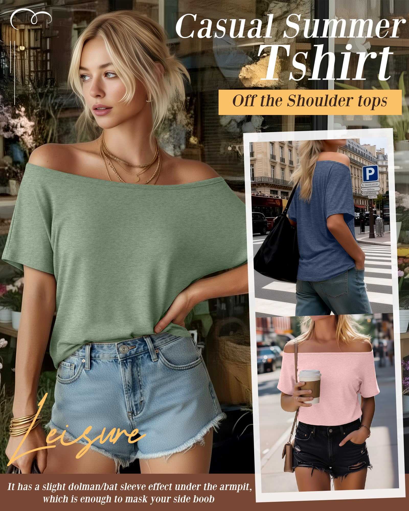 Riyiper - Confezione da 3 Magliette da Donna con Spalle Scoperte, Top Ampi e fluidi a Maniche Corte, t-Shirt Casual estive