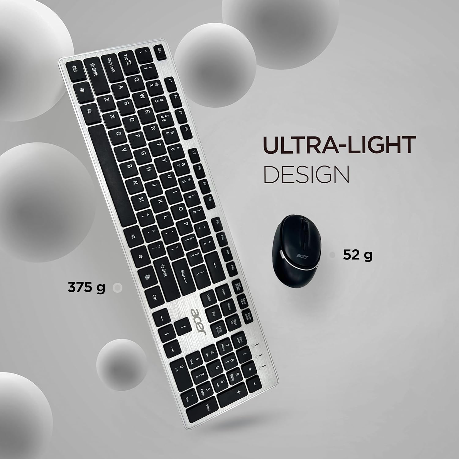 81jZDF0w3EL SL1500 Acer Fusion Wireless Keyboard and Mouse Combo, Durable Stylish Design, 2.4GHz Nano Receiver, 10m Range, Indian Rupee Key, Adjustable DPI (800/1200/1600), Compatible with Windows & Mac (Black & Silver) - MSDeals