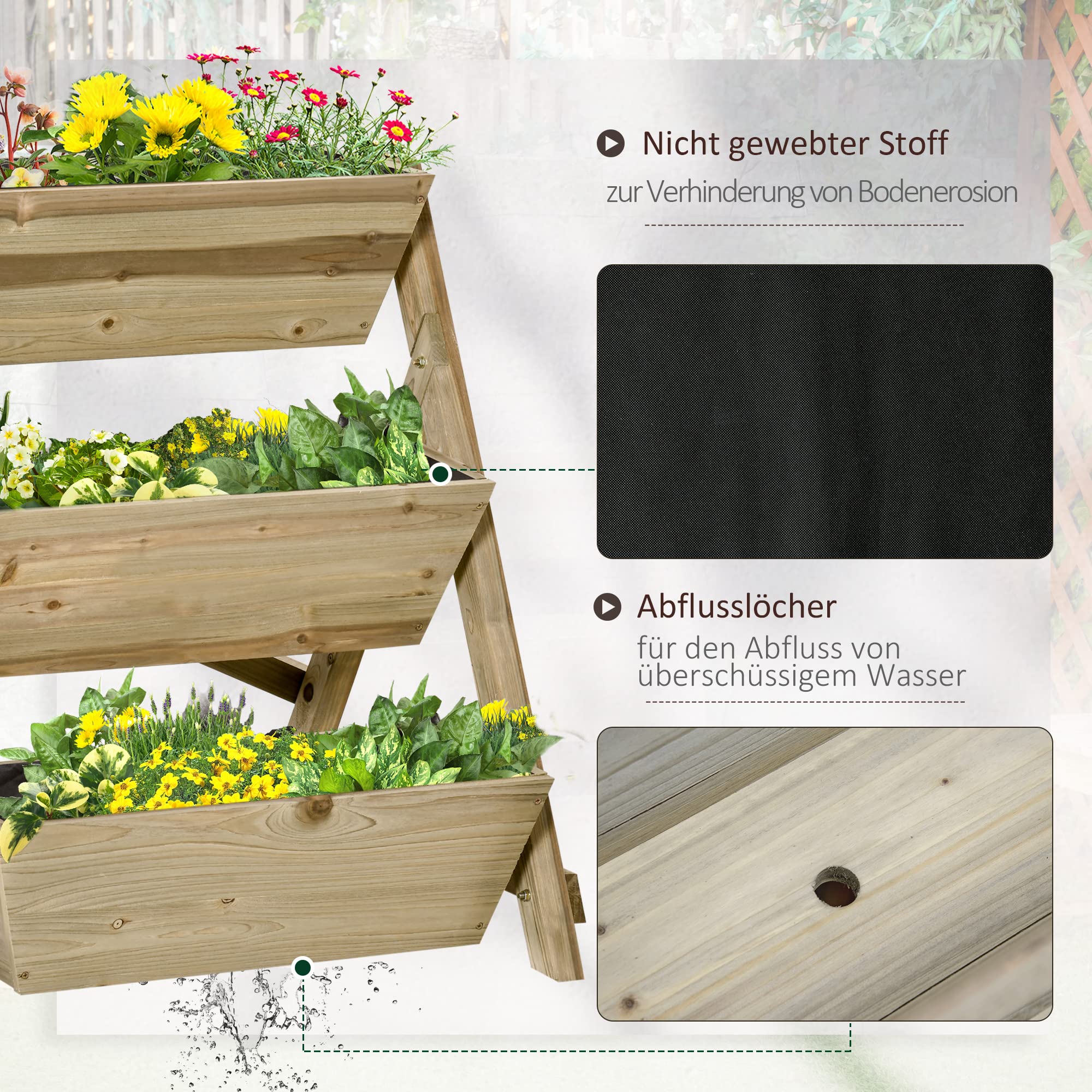 Outsunny Jardinière sur Pieds carré Potager 3 étages 71L x 61l x 77H cm | Inserts d'irrigation, Feutre de Drainage, Bois Sapin Autoclave