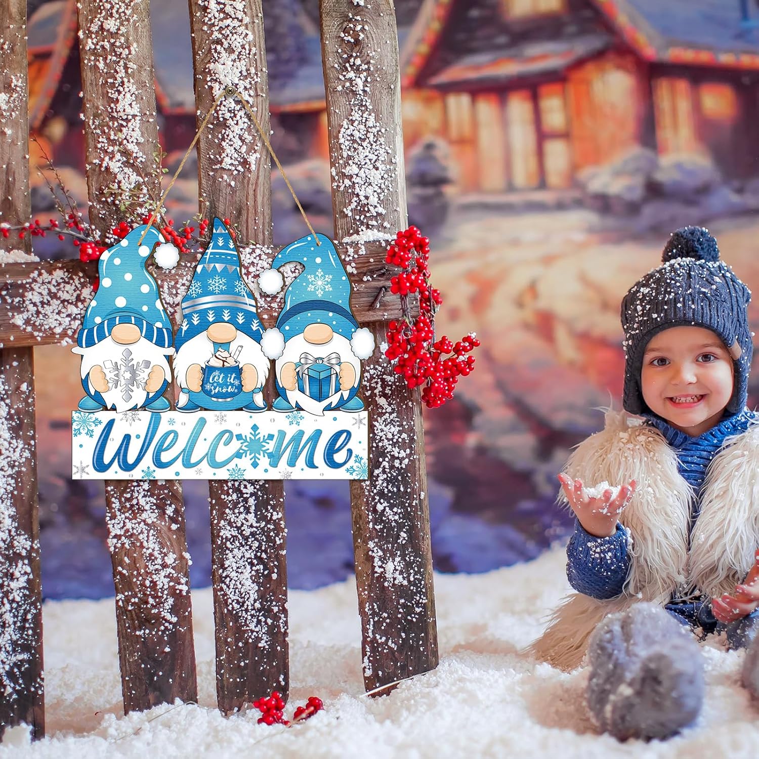 Panelee Winter Welcome Door Sign Gnome Hanging Decoration Let It Snow Wooden Gnome Sign Blue Snowflake Door Hanger with Rope Hanging Decoration for Front Porch Home Winter - Image 4