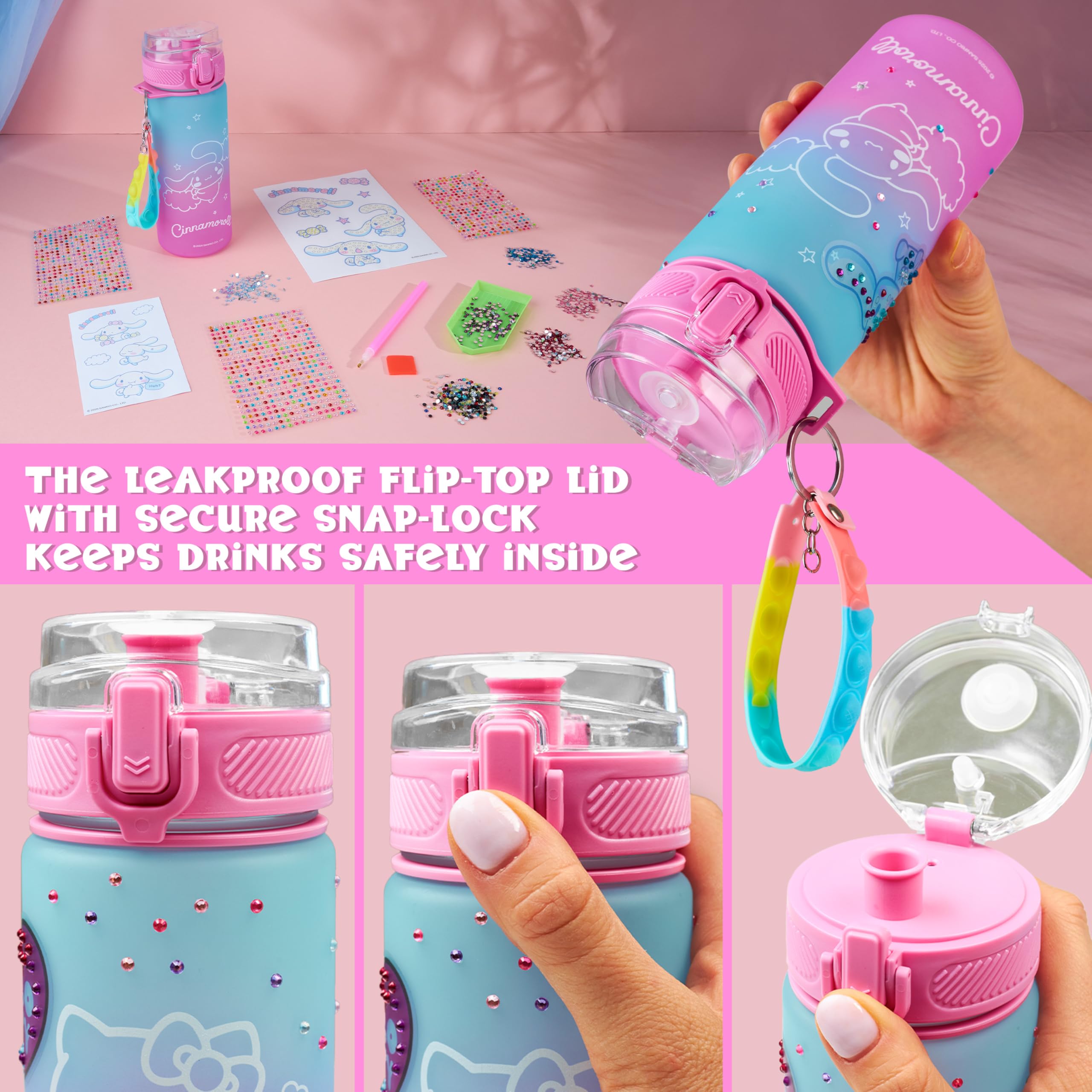 Get Trend Hello Kitty Sanrio Cinnamoroll Kit Creativo Bambina DIY Borraccia da Decorare Bambina, 550ml Senza BPA Tappo Ribaltabile a Prova di Perdite, Gemme Artigianali (Multi Cinamonroll)