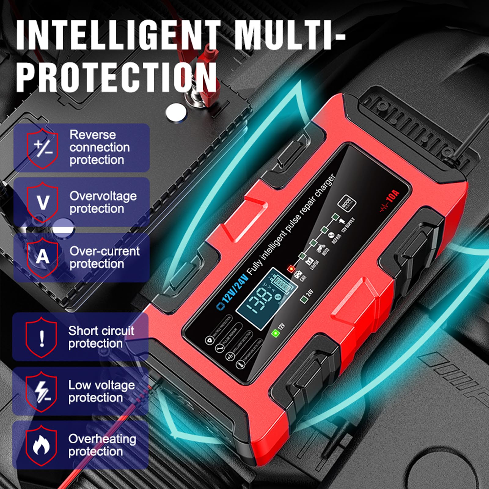 KIMISS Mainteneur de Batterie, Chargeur de Batterie Intelligent ABS 12 V 10 A 24 V 5 A avec écran LCD et Désulfateur, Chargeur de Maintien Automatique pour Voiture, Moto, Camion,