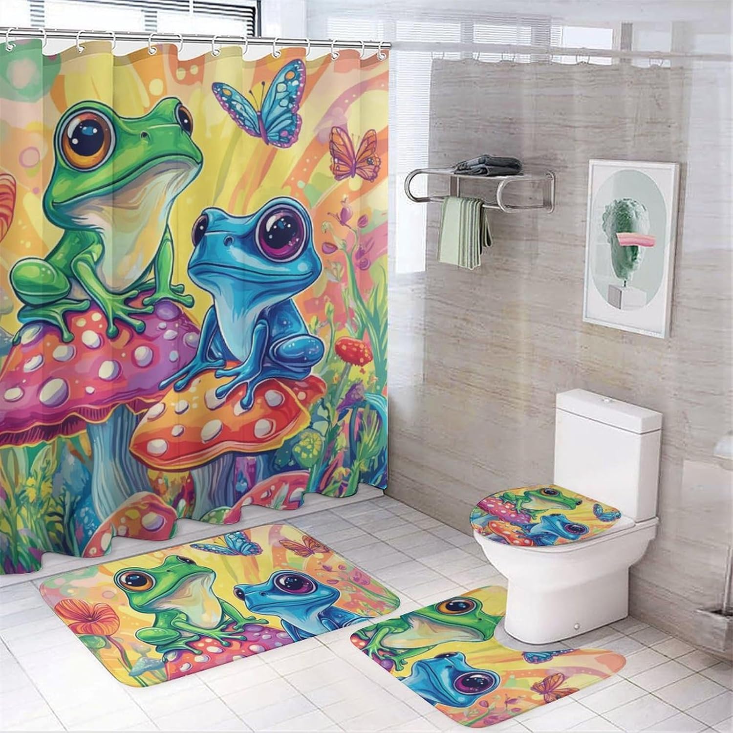 4Pcs Cartoon Frog Animals Shower Curtain Set with Rugs, Toilet Lid Cover and Bath Mat, Mushroom Butterfly Fantasy Bathroom Curtains Decor Shower Curtains, 72" x 72"