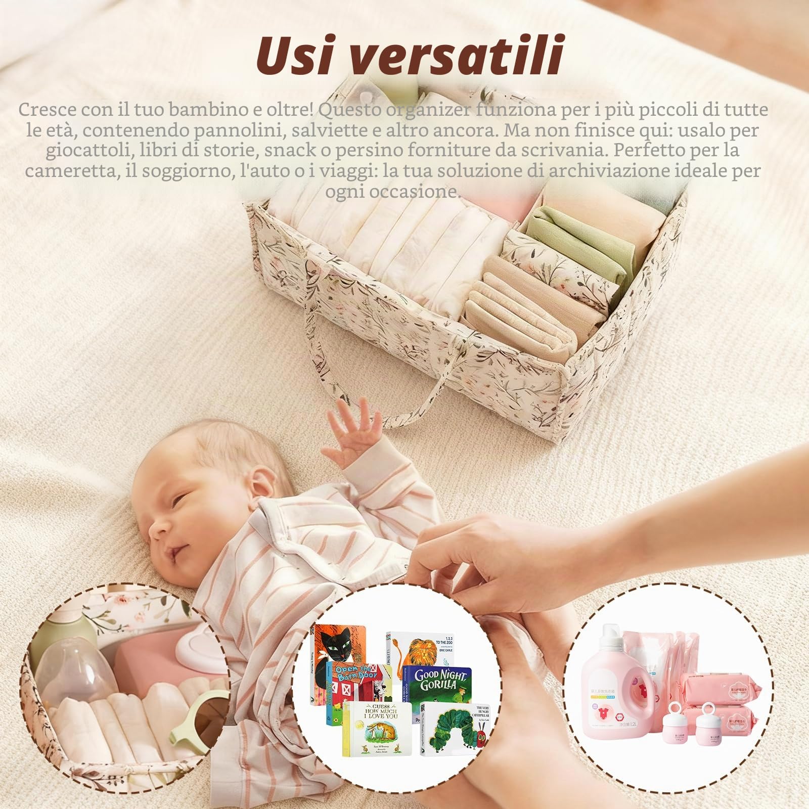 Newborn Essentials - Organizer per pannolini per bambini, 38 x 25,5 x 18 cm, con scomparti e maniglie, organizer portatile per pannolini e oggetti per bambini (beige)