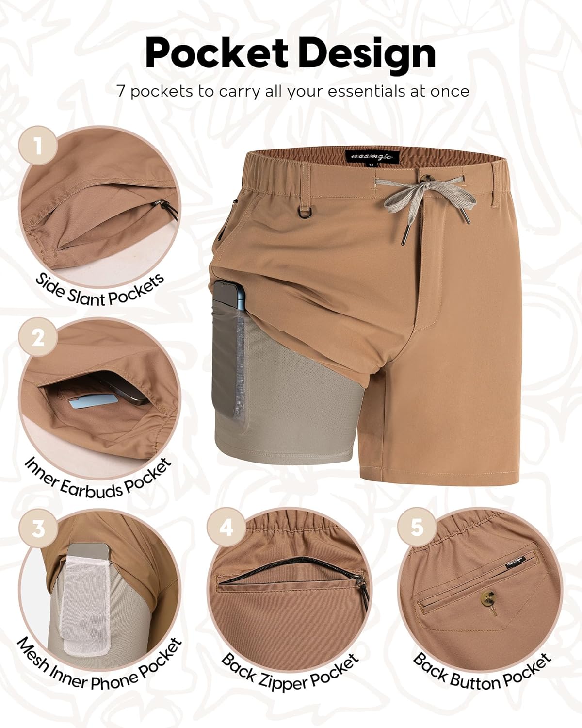 maamgic Mens Casual Shorts with Compression Liner 5/7 Inch Classic Fit Khaki Shorts - Image 4