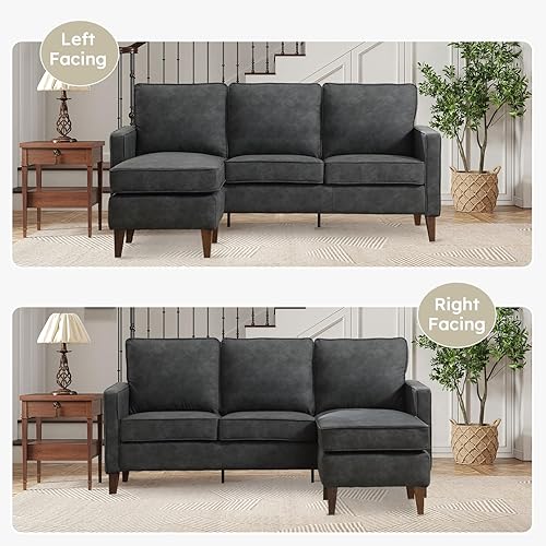 Miniatura 3 de Sofá de piel sintética en forma de L con pies de madera maciza, sofá de 3 plazas con diván reversible para apartamento, sofás seccionales para sala