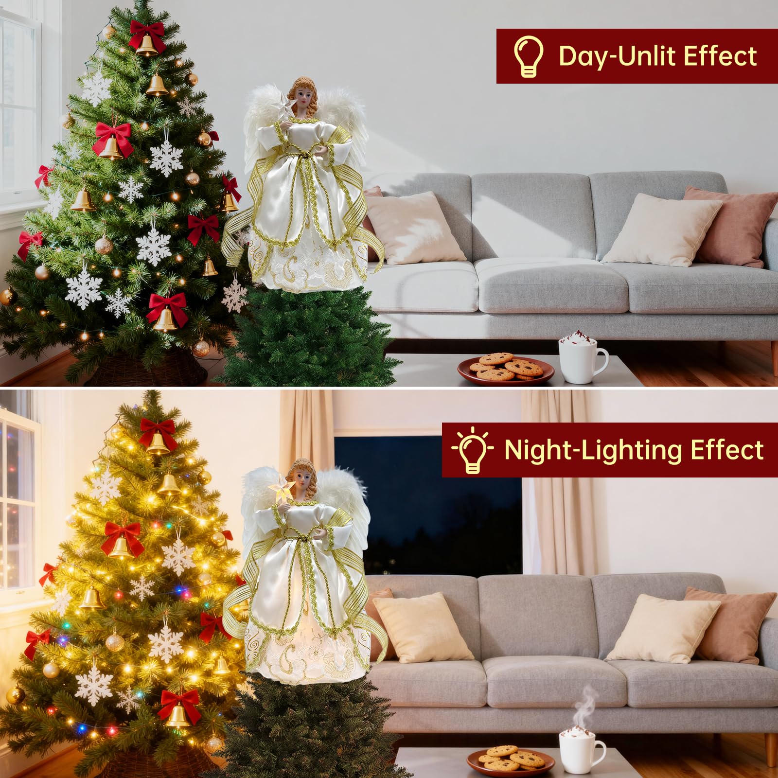 Cimier de sapin de Noël avec lumières 8 modes et minuterie, 30,5 cm, avec télécommande, fonctionne à piles, ailes en plumes blanches et étoile lumineuse