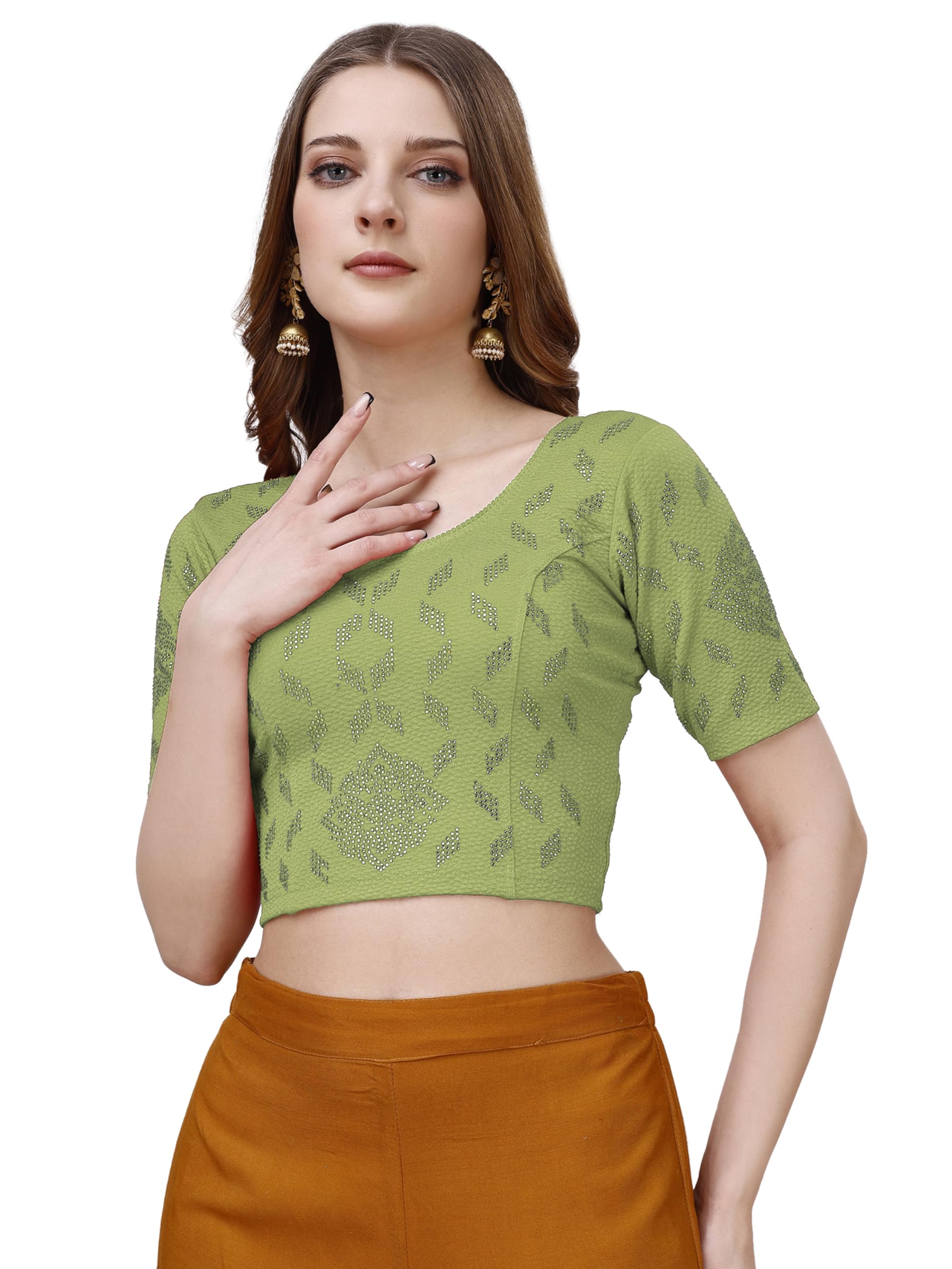Vihu Fashion Women's Stretchable Embroidery Half Sleeve Stretch Blouse (Vf Lycra Bindi Mehendi Green L