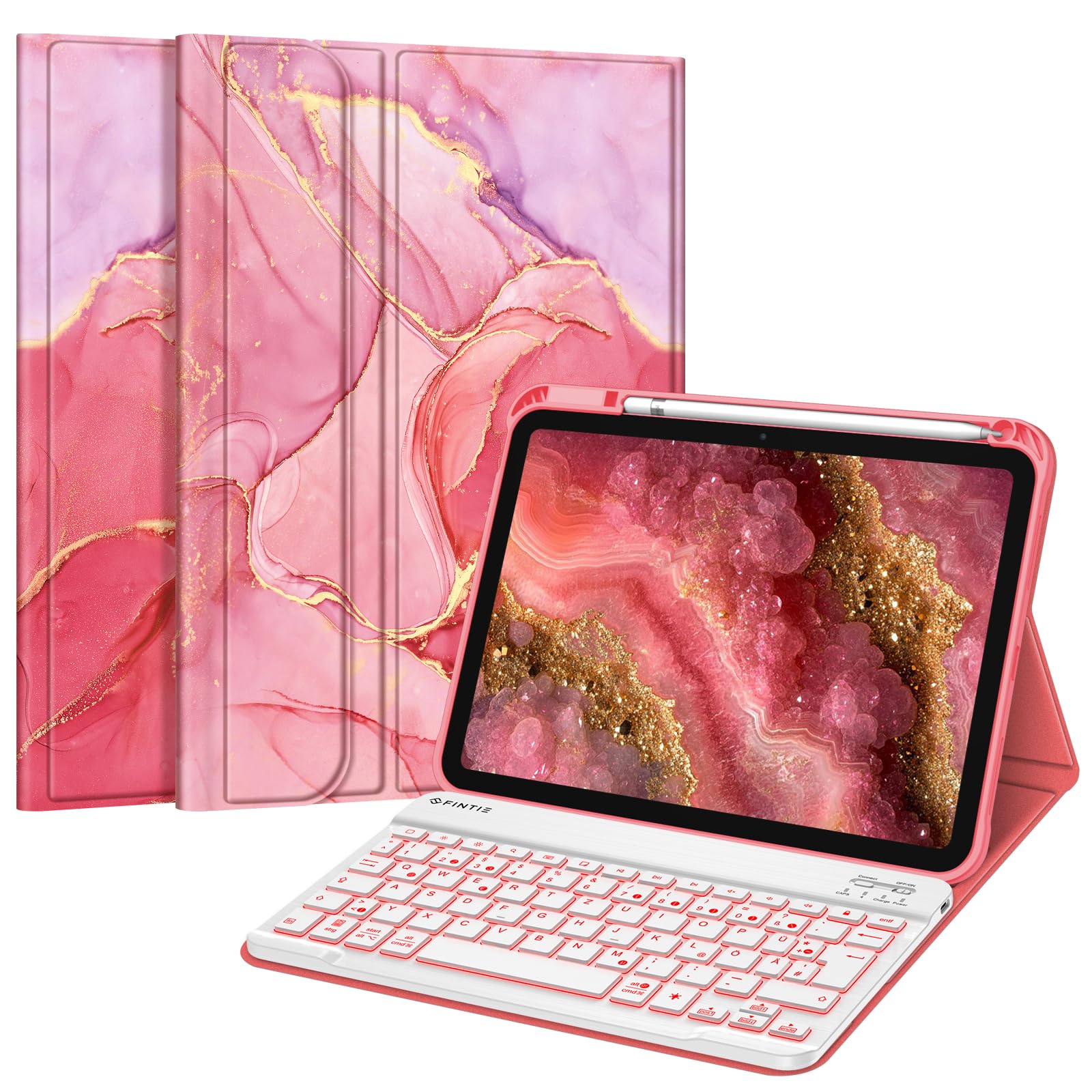 FINTIE Hülle mit Tastatur für iPad A16 11 Generation/10 Gen (11/10.9 Zoll, 2025/2022), 7-farbige Hintergrundbeleuchtung, Magnetische abnehmbare Bluetooth-Tastatur Hülle mit Stifthalter,