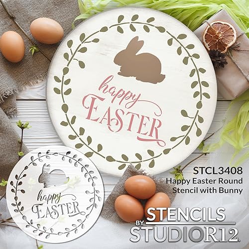Miniatura 3 de StudioR12 - Plantilla redonda para decoración del hogar, diseño con texto en inglés "Happy Easter Round con conejito" de StudioR12  Decoración para