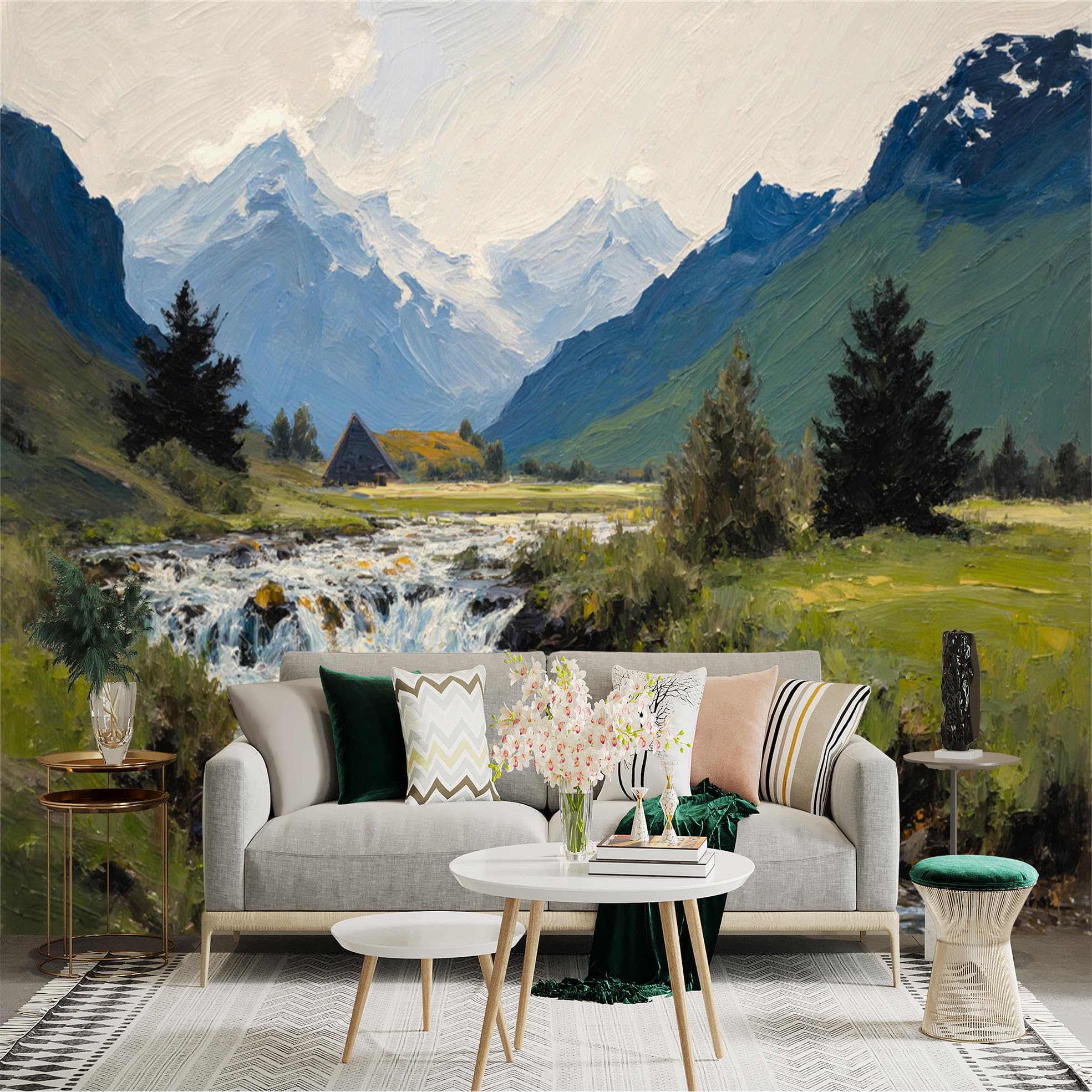 Lnzczhyre Xc260505586 Custom Size Wall Sticker Mural， Oil Painting Of Alpine Stream， Snowy Peaks， Tranquil Valley Cabin， Nature Landscape， For Wall Decoration， Peelandstick Wall Decals.