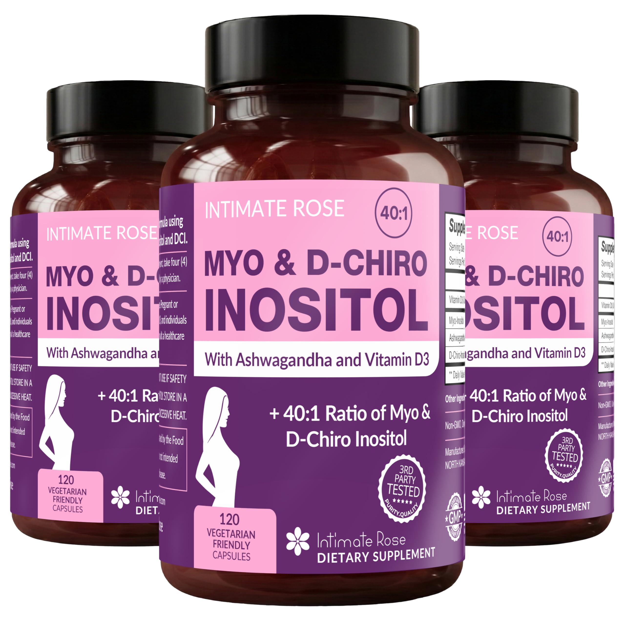 Intimate Rose Myo-Inositol & D-Chiro Inositol Blend - 40:1 Blend Ratio - Women's Daily Wellness Support - Vitamin D & Ashwagandha, 3 Bottles
